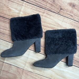 Rockport Cuffed Booties Suede Faux Fur Navy Heels Women’s Size 7.5